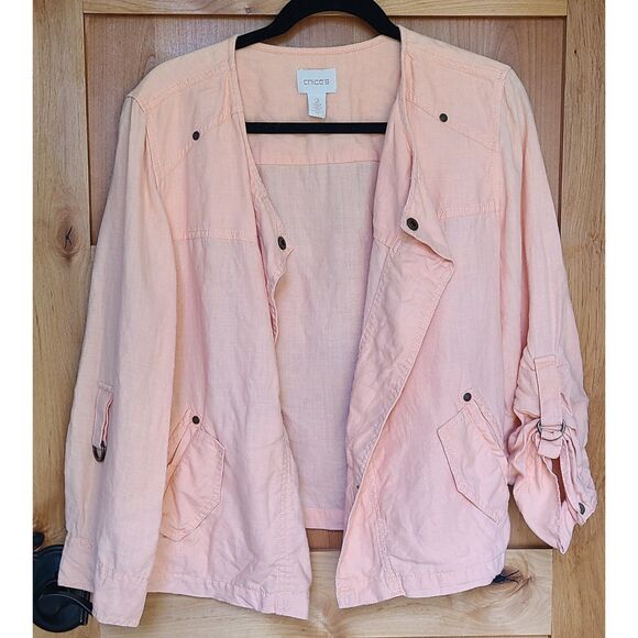 Chico's 100% Linen XL Orange Peach Shacket Shirt Jacket Sz 2 Lagenlook Pastel - Picture 1 of 6